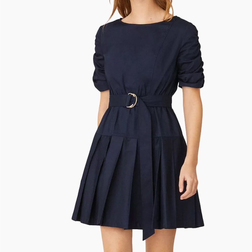 Shoshanna Lilith Belted Pleated Minidress, Navy, O